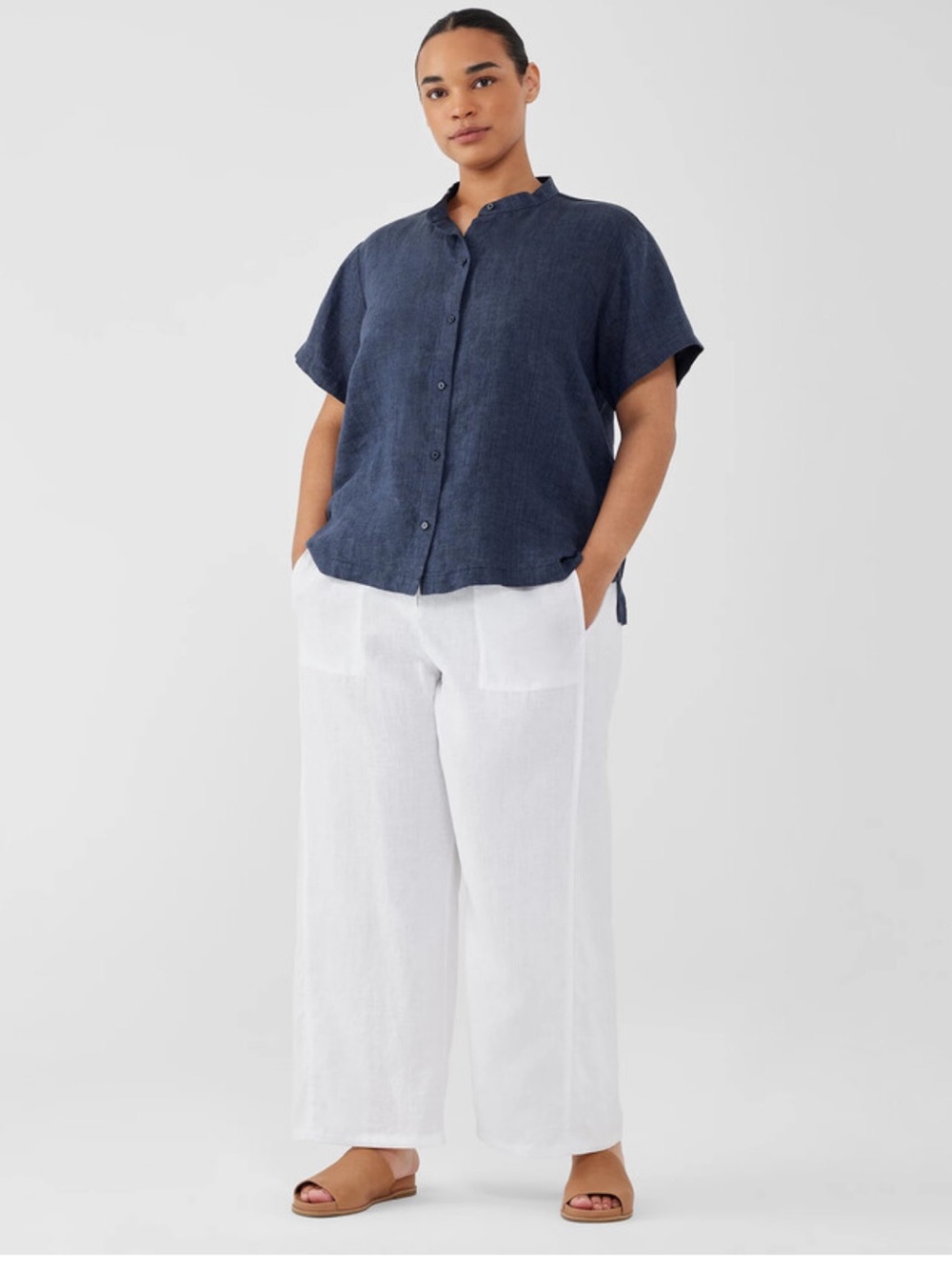 Eileen Fisher Washed 100% Organic Linen Delave Band Collar Shirt In Stone - Picture 5 of 15